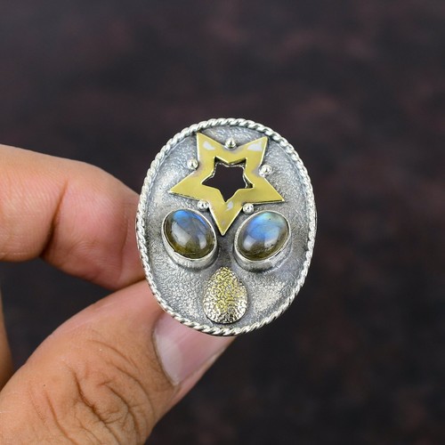 Anillo Chakra Estrella Apilable Natural Labradorita Tercer Ojo Chapado en Oro 18K Plata - Imagen 4 de 7