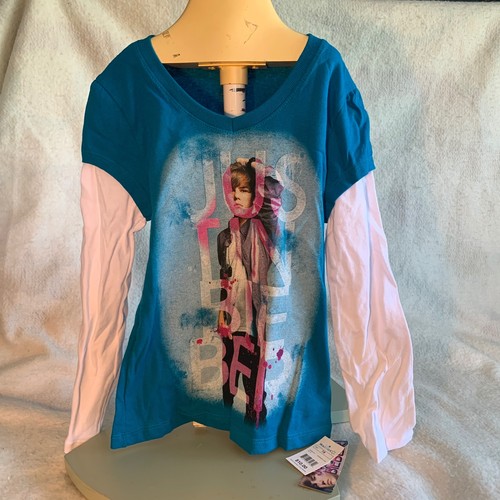 Nueva con etiquetas Camiseta Justin Bieber Tallas Infantiles 6-16 100% Algodón Mangas Largas Azul Blanco - Imagen 3 de 10