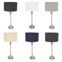 Brushed Chrome Table Lamp Metal Candlestick Stem Fabric Shade LED Light Bulb