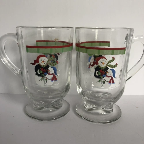 Vintage Libbey Christmas Snowman Glass Mugs 10 Oz Pedistal Footed Set of 2