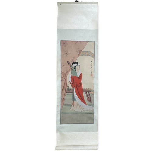 East Asian Silk Woman With Lute Painted Paper Scroll Wall Hanging 11.5” x 42" - Picture 10 of 18