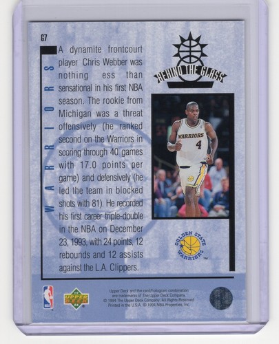 TARJETA DE INSERTO DE VIDRIO CHRIS WEBBER 1993 CUBIERTA SUPERIOR DETRÁS DEL VIDRIO #G7 WARRIORS ¡BONITA! - Imagen 2 de 2