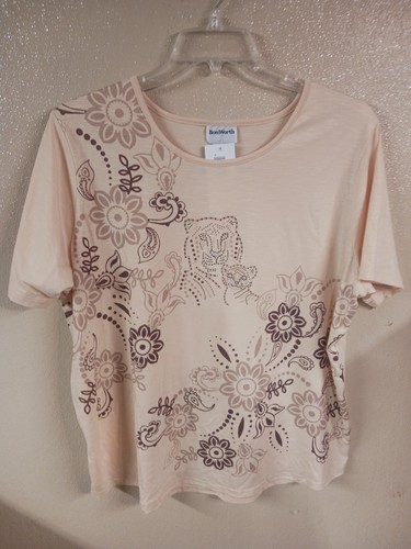 Bonworth Brown And Tan Short Sleeve Size Medium Floral And Animal Print Top - Picture 1 of 8