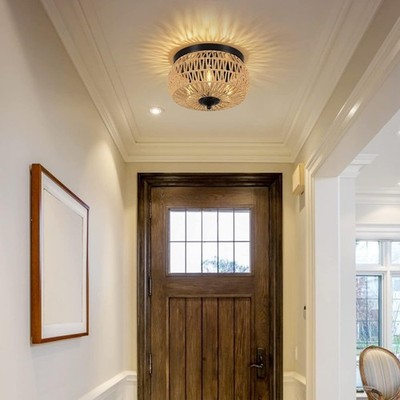 Ceiling Light 3-Light Woven Rattan Rustic Farmhouse Flush Mount Fixture 13 Inch