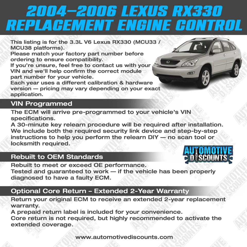 2005 Lexus RX330 3.3L FWD 89661-48481 ECM ECU PCM OEM ENGINE COMPUTER PLUG &PLAY - Image 2 of 4