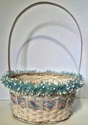 Vintage Pastel Wicker Easter Basket Floral Ruffle Boho Cottagecore Large 18 Inch