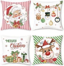 Bonhause Merry Christmas Throw Pillow Covers 18 x 18 Green&pink 