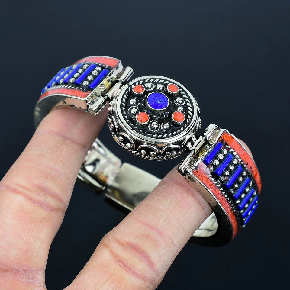 Brazalete Joyería Lapislázuli Rojo Coral 925 Plata Esterlina Tibetano Nepalí 8" s657 Foto 3 de 4