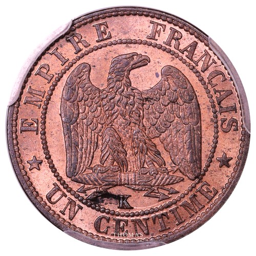 Monnaie France - Napoléon III - 1 centime - 1862 K Bordeaux - PCGS MS 64 RB - Picture 2 of 3