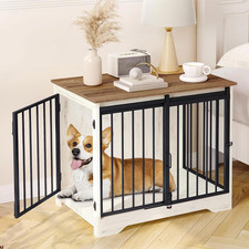 31.9" Dog Crate Furniture with Barn Door, Heavy Duty Dog Kennel Indoor with 2 Do