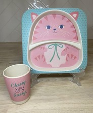 Buba Bamboo Kids' Cat Dinnerware Plate and Cup 100 Non-Toxic  BPA-Free