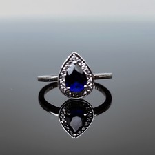925 Sterling Silver Blue Stone Ring Pear Cut Teardrop Halo Promise Sz 6.5