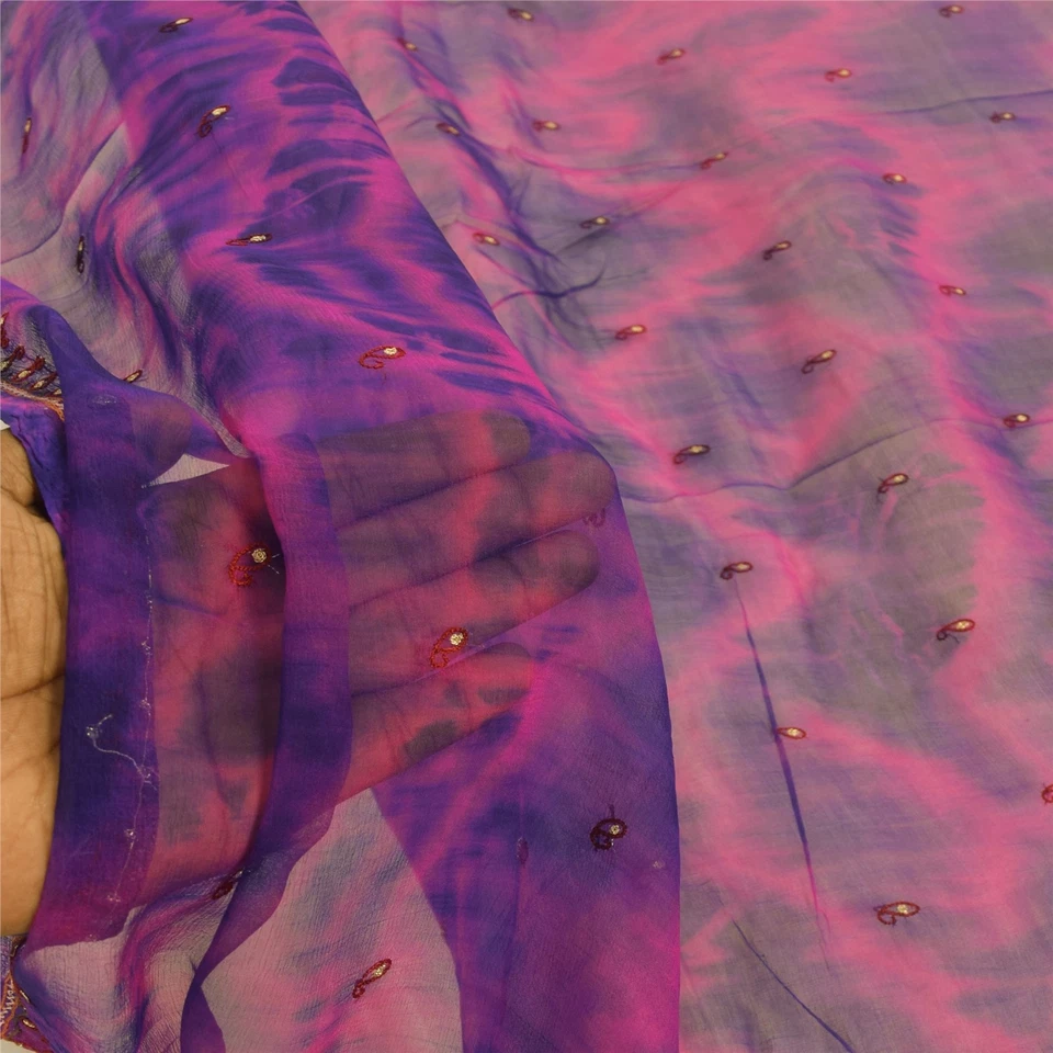 Sanskriti Vintage Largo Dupatta/Estola Pura Gasa Rosa y Azul Tie-Dye Bordado Foto 4 de 4