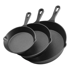 VEVOR 3 Piece Cast Iron Skillet Frying Pan Set 6 8 10" Handle Pre-Seasoned Black