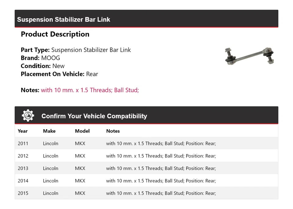 Barra estabilizadora de suspensão traseira MOOG 2011 2012 para 2011-2015 Lincoln MKX - Imagem 2 de 4