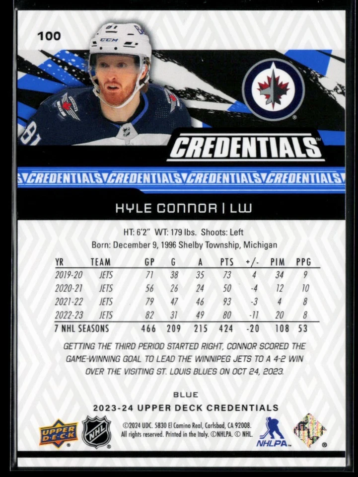 2023-24 Upper Deck Credentials Blue #100 Kyle Connor 136/149 - Image 2 of 2