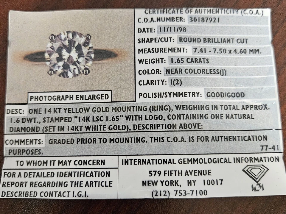1.65 Carats Round Brilliant Cut Solitare -Natural Diamond - Image 3 of 3