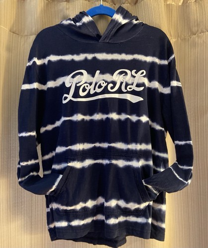 Polo Ralph Lauren Blue Hooded Long Sleeve Shirt W/ White Tie Dye Stripes, Medium - Picture 2 of 4