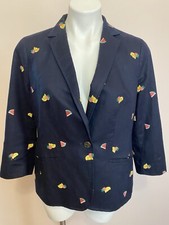 Talbots linen blend navy blue 3/4 sleeve embroidered fruit blazer Jacket 8