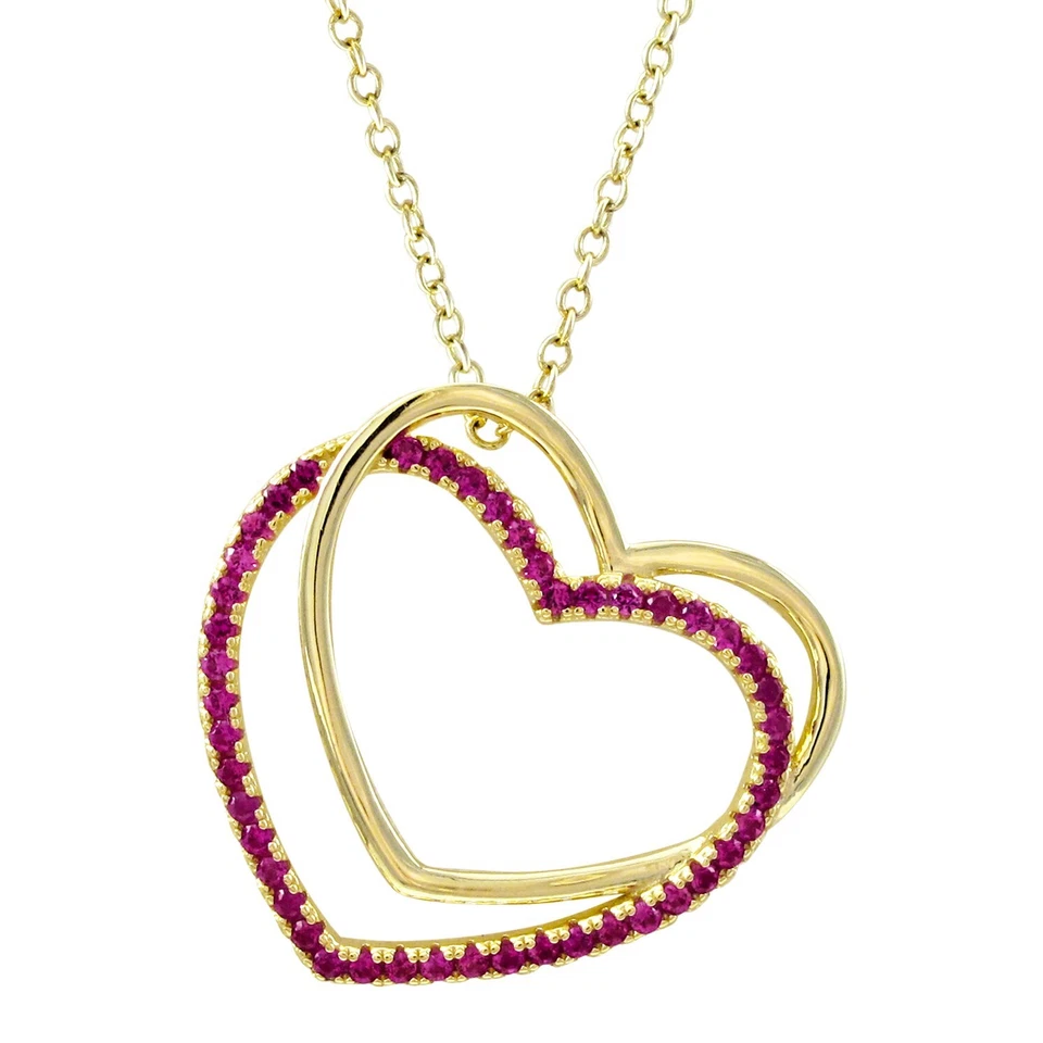 Double Heart Ruby Necklace Gold Over Sterling Silver 50 Ruby Stones 18" Chain - Image 2 of 4