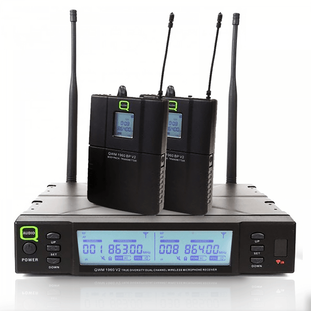 Q-Audio QWM1960 V2 BP Belt Pack Twin Handheld Licence Free Radio Mic System