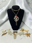 Vintage 7 PC Jewelry Lot Necklace Earrings Brooch Gold Tone Some Signed