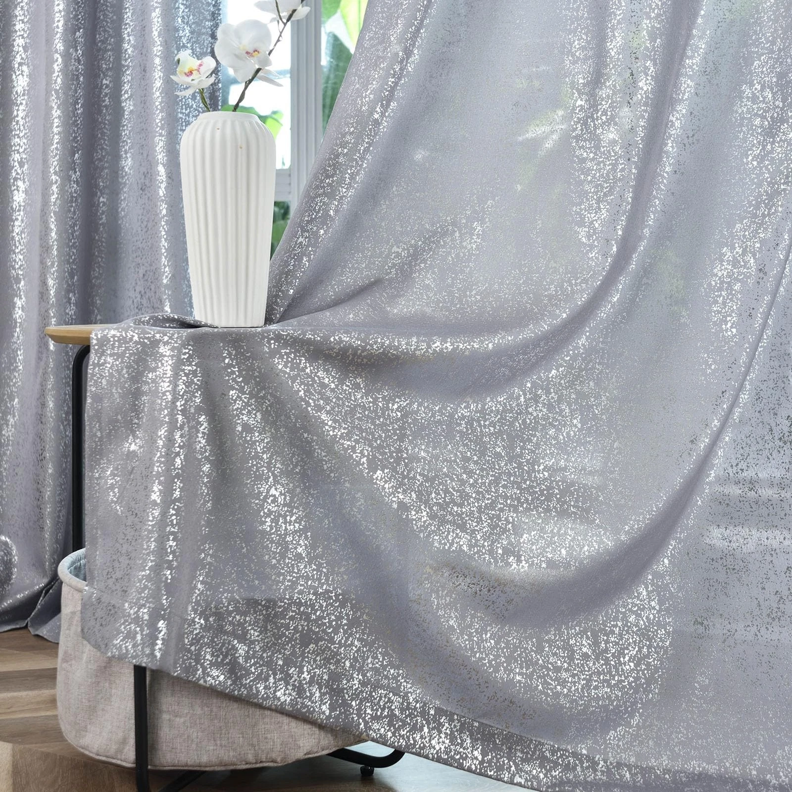 TERLYTEX Silver Curtains 95" Long, Metallic Foil Dots, 2 Panels