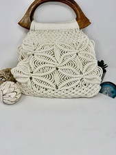 Vintage Ivory Crochet Bohemian Bag Wooden Handle Fabric Lined Interior