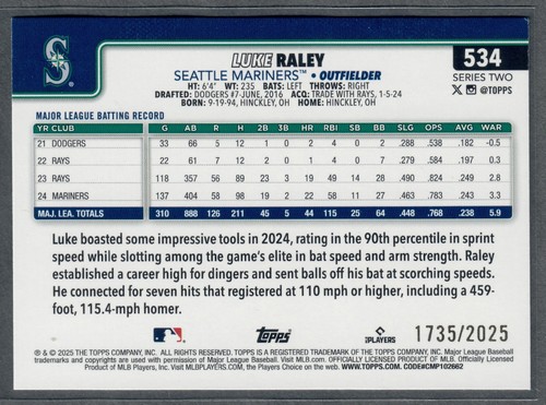 2025 Topps Serie 2 Luke Raley Oro #/2025 Mariners SP - Imagen 2 de 2