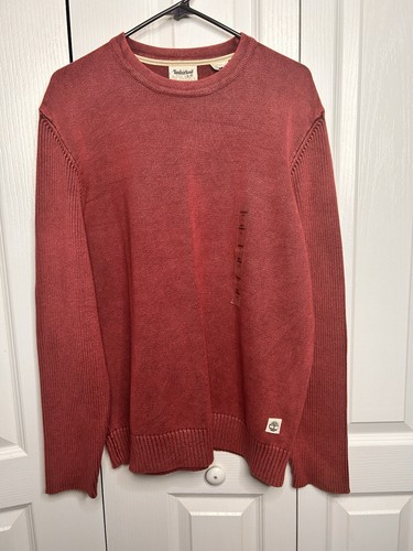 Timberland Sweater Mens L Red Garment Dye Chunky Knit Heavy Cotton Pullover NWT - Picture 2 of 9
