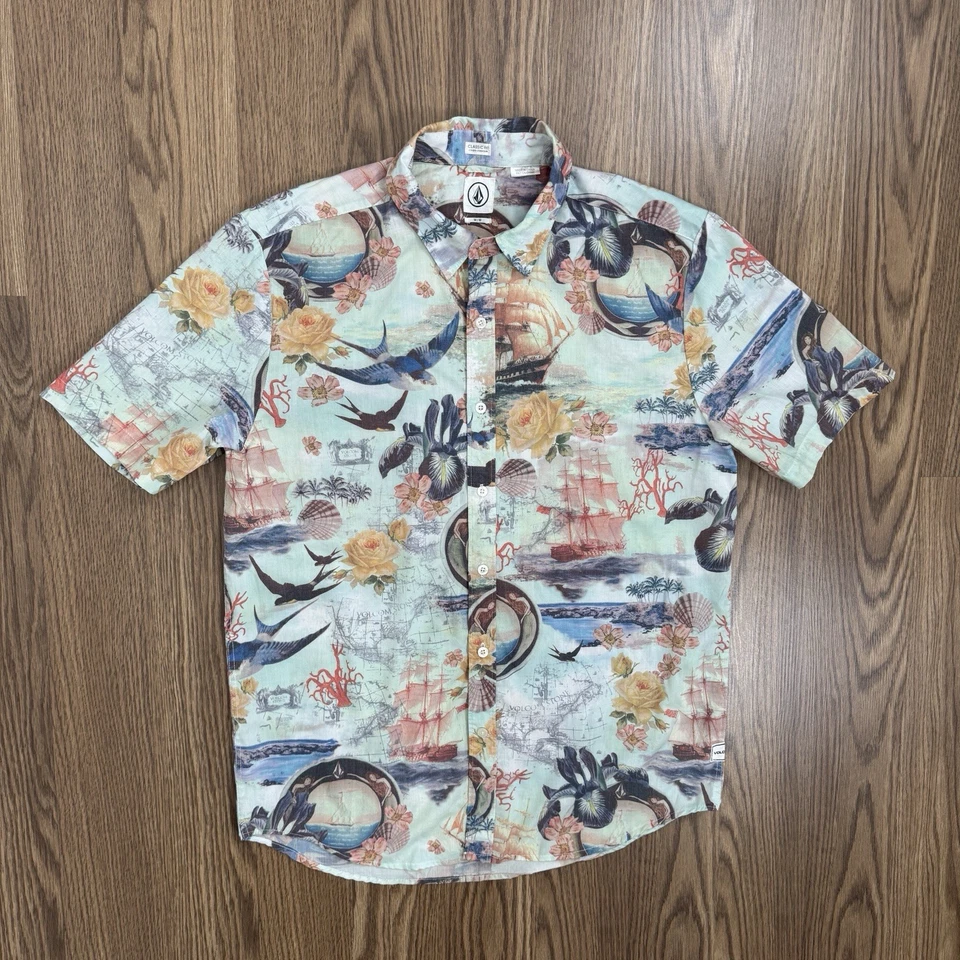 Volcom Camp Shirt Mens Medium Tropical All Over Print Button Up Beachy Mermaid - Image 2 of 4