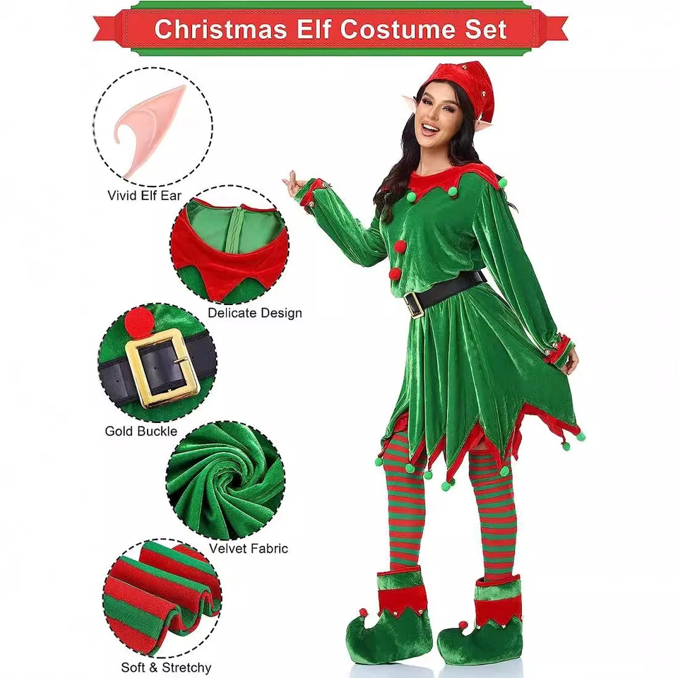 Womens Elf Cosplay Costume Full Set Christmas Party Adult Kids Xmas Santa Outfit - image 4 of 4