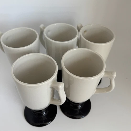 5 Vintage Hall 1272 Black Footed Pedestal Irish Coffee Mugs Cups Retro