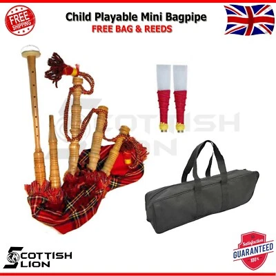 SL Child Playable Mini Bagpipes Royal Stewart Tartan Bagpipe With Bag & Free Reeds