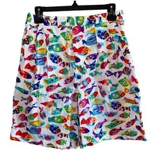 VTG Corbin Threads Union Made White Shorts with Multicolored Fish Shorts