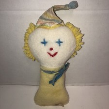 6" VINTAGE EDEN PASTEL CIRCUS CLOWN BABY YELLOW RATTLE STUFFED ANIMAL PLUSH TOY
