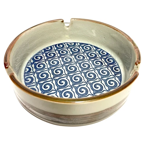 3 Slot 4.5” Porcelain Ashtray Blue Japanese Inspired Design Inside