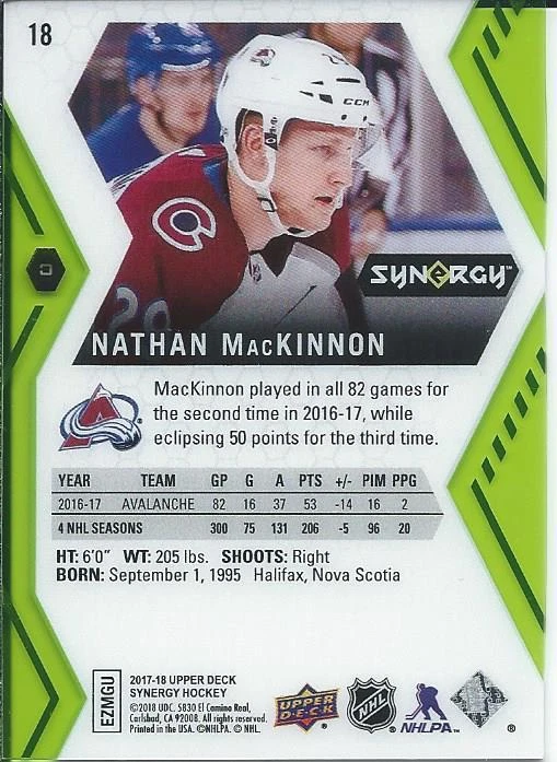 2017-18 Upper Deck Synergy NATHAN MACKINNON Green Parallel #18 Colorado - Image 2 of 2