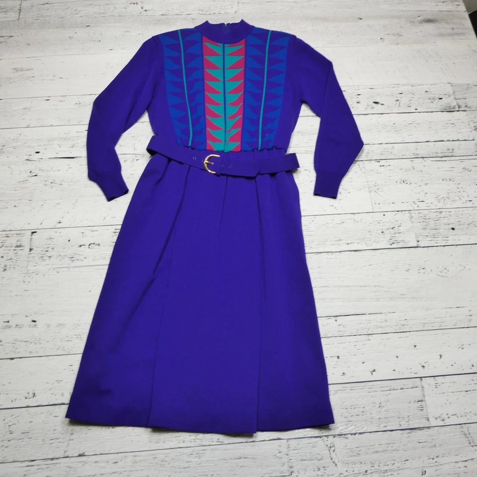 Vestido de Lana Ciao DE COLECCIÓN Talla 12 Púrpura Geométrico Almohadillas para el Hombro Cinturón Abuela Foto 2 de 4