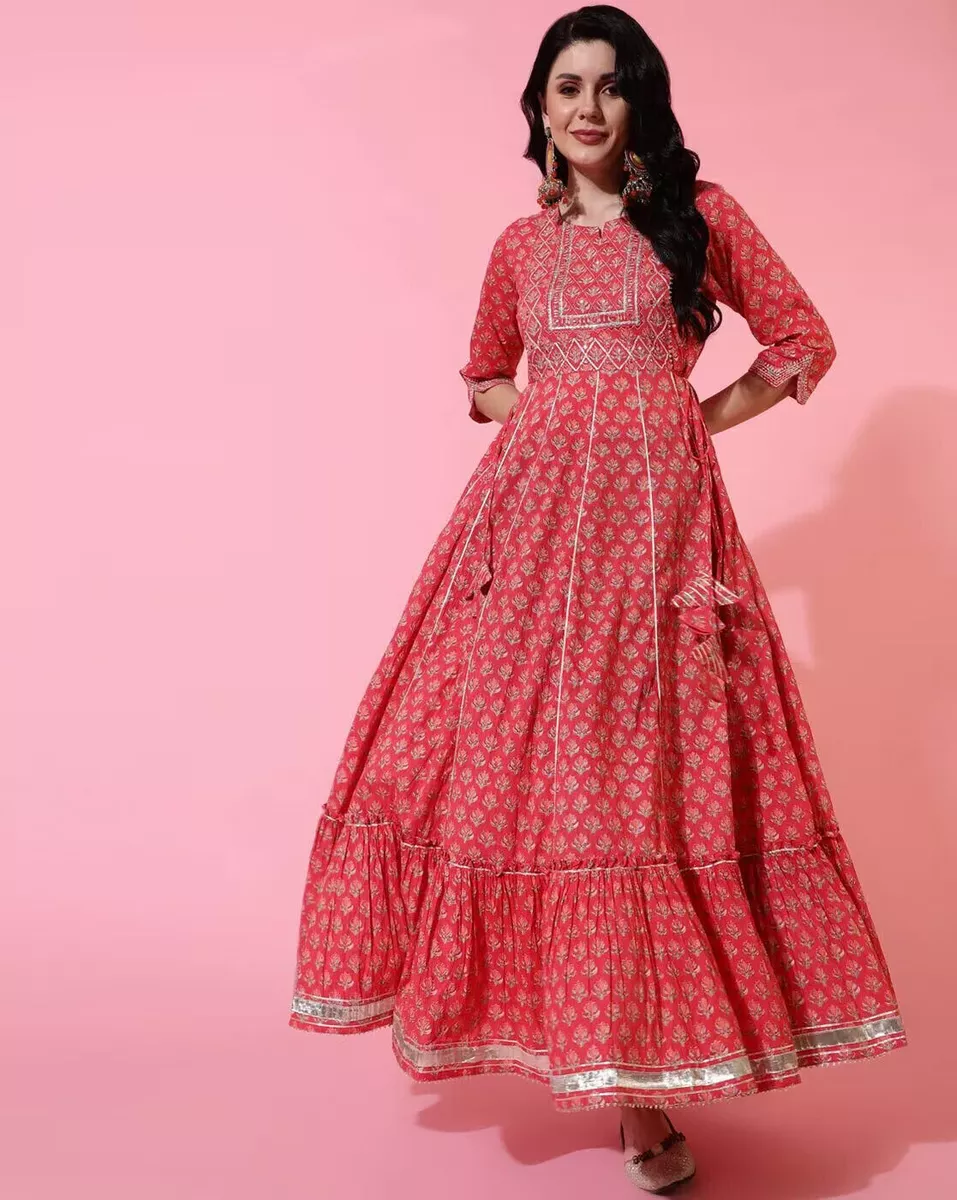 Indian Women Pink Cotton Printed Anarkali Kurta Kurti New Long