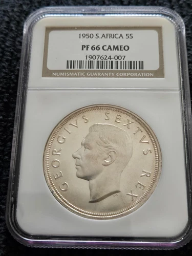 1950 South Africa 5 Shillings Crown NGC PROOF 66 CAMEO" (1 of 500) TOP POP