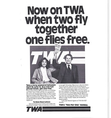 TWA Two for One Holiday Flight Airlines Advert 1970s Vintage Print Ad 9 inch