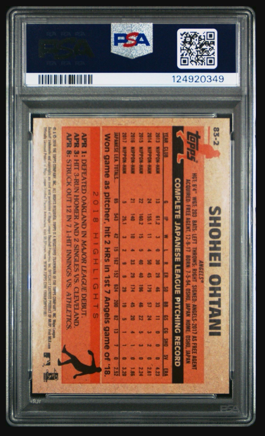 Topps 2018 Update 1983 Topps Design Shohei Ohtani Rookie #83-2 PSA 9 view 2