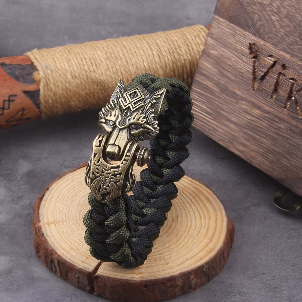 Viking Wolf Head Bracelet Men's Braided Paracord Punk Biker Cuff Jewelry