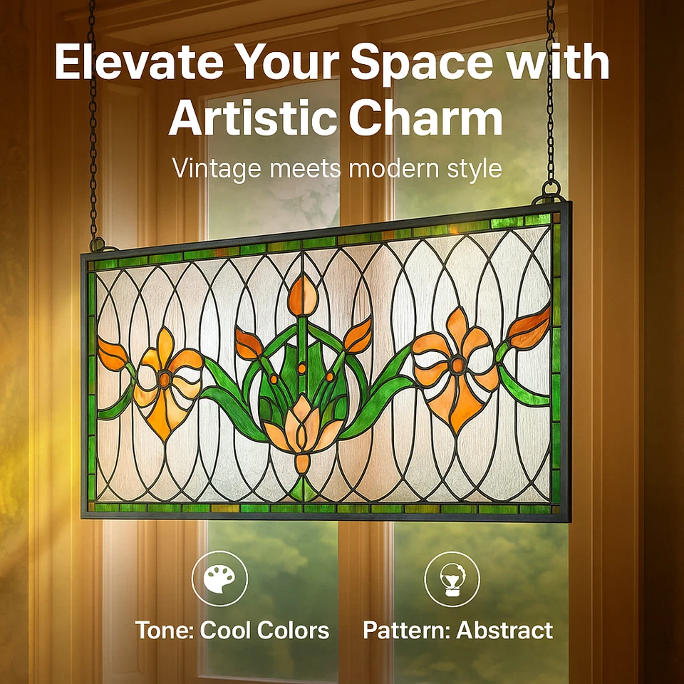 Витражная оконная панель в стиле Tiffany Fleur-de-Lis 32x17, подвес ручной работы - Изображение 4 из 4