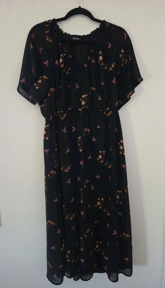 Vestido para mujer Madewell Georgette cuello en V negro fresco floral talla L Foto 2 de 4