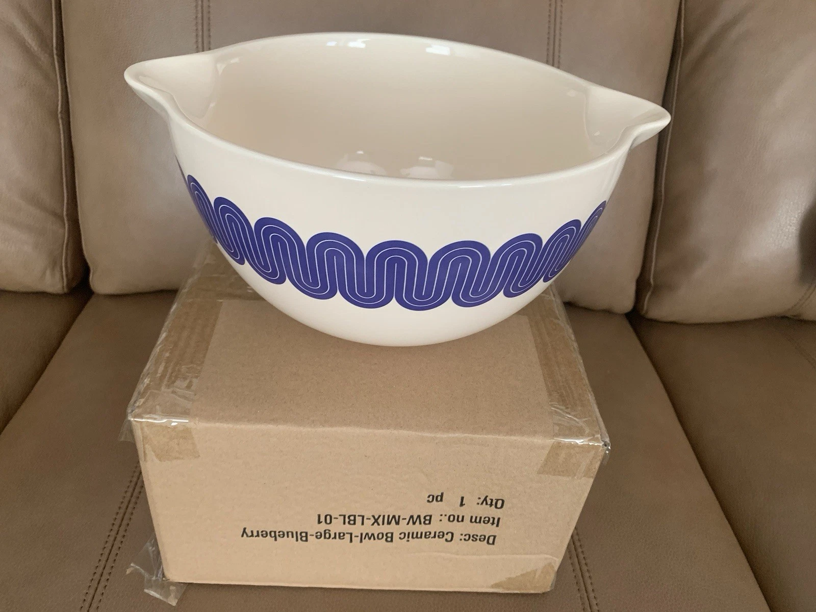 Great Jones Ceramic Mixing Bowl Blue Geometric Pattern Pour Spout
