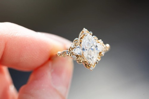Engagement Ring 14K Yellow Gold Plated 1.0 Carat Marquise Cut Moissanite Ring - Picture 15 of 19