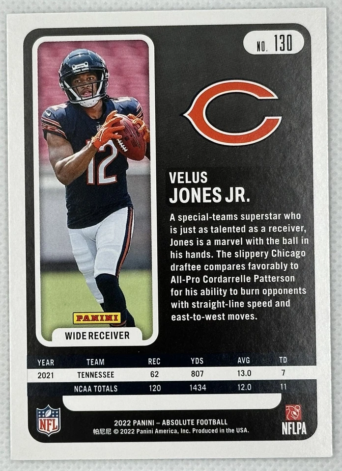2022 Panini Absolute #130 VELUS JONES JR.  RC Rookie RC Chicago Bears  !!! - Image 2 of 2