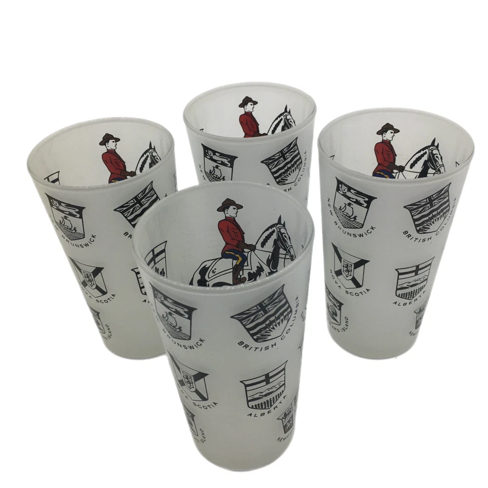 Tumbler Set 4 Canadian Royal Mounties Frosted Glass Souvenir of Canada Barware